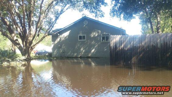 Flooded yard with a dark sedan parked near a house and fence