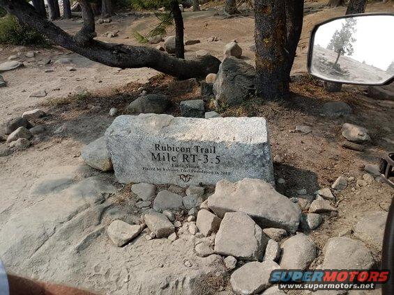 Stone marker on Rubicon Trail, mile RT-3.5. View from vehicle