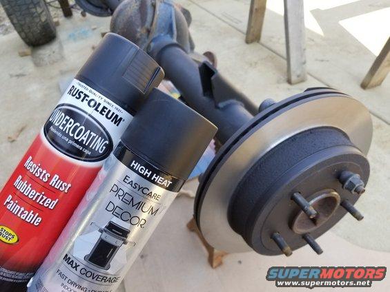 tube9.jpg I painted the rotors (before cutting) with black (instead of the original silver) BBQ paint.  The axle tubes had undercoating before, and now again.

[url=https://www.supermotors.net/registry/media/266155][img]https://www.supermotors.net/getfile/266155/thumbnail/brakeflanges.jpg[/img][/url] . [url=https://www.supermotors.net/registry/media/590807][img]https://www.supermotors.net/getfile/590807/thumbnail/reardisk.jpg[/img][/url]

Ford 8.8" axle uses 10 lug studs D6AZ-1107-A ('83-00)
Dana 44IFS uses 10 lug studs D6TZ-1107-A ('83-96)
Ford TIB axle uses 10 lug studs F4UZ-1107-A ('94-96)