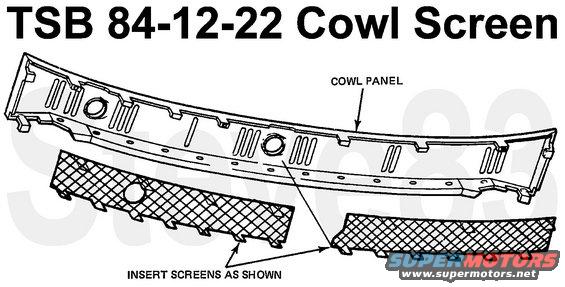 841222cowlscreen.jpg TSB 84-12-22 Cowl Screen

Article No. 84-12-22 HEATER - DEBRIS (LEAVES) DISCHARGE THROUGH REGISTERS
LIGHT TRUCKS: 1975-84 ECONOLINE AND F-SERIES
JUNE 6, 1984

Incidents of leaves entering the cowl area through the cowl grille and passing into the heater system may be serviced as follows:
1) Procure locally: (1) hardware cloth with 1/8&quot; squares 8x48&quot; long to fabricate the grille screens and (2) 1 oz. of two-part epoxy.
2) Remove the cowl grille.
3) Cut the hardware cloth to size. Take care to overlap the edges of the grille opening to prevent leaf entry into the cowl. Make sure the orientation of the screen mesh is the same as the cowl grille.
4) Color coat the screen to match the body color.
5) Cut any small electric wires into 4&quot; lengths or use plastic bag ties (approximately 30) to be used to position the screens securely, Place the screen on the underside of the cowl grille, making sure that the orientation of the screen mesh is the same as the cowl grille, and wire the screen securely (Figure 36). Mix a small portion of the two-part epoxy and put a drop in at least 4 places on each grille bar, making sure that the screen wire is completely covered at each point of attachment.
6) Reinstall the cowl grille.

OTHER APPLICABLE ARTICLES: None
WARRANTY STATUS: Reimbursable within the provisions of the Warranty and Policy Manual.
OPERATION: SPO2010084
TIME: 0.9 Hr. 
DLR. CODING: Basic Part No. 7002010 Code: 49
------------------------------------------
See this & the NEXT few:

[url=https://www.supermotors.net/registry/media/947911][img]https://www.supermotors.net/getfile/947911/thumbnail/22screen.jpg[/img][/url]

Note that this TSB does NOT address leaves that slide under the w/s trim and then under the wiper cowl, which is still the most-common way for leaves to enter the HVAC system.

[url=https://www.supermotors.net/registry/media/861043][img]https://www.supermotors.net/getfile/861043/thumbnail/56wstrimleaves.jpg[/img][/url] . 

Those leaves can be stopped as described in this caption & the NEXT few:

[url=https://www.supermotors.net/registry/media/958829][img]https://www.supermotors.net/getfile/958829/thumbnail/22wipervalseal.jpg[/img][/url]