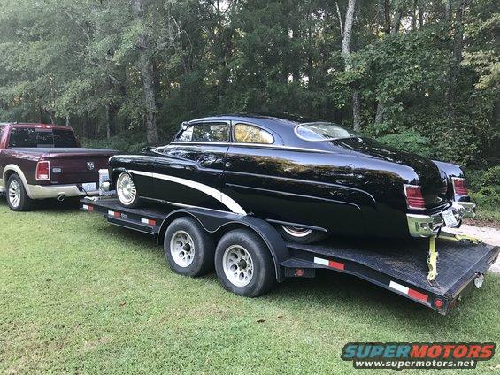 Black 1951 Mercury Sedan on trailer, 3q-front view