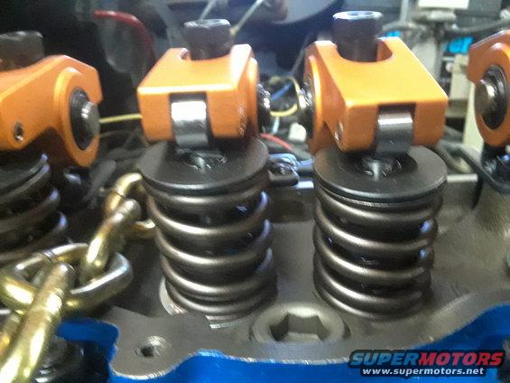 Close-up of orange roller rocker arms and valve springs in an engine