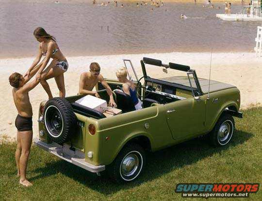 Green convertible SUV with spare tire on back, people by a lake