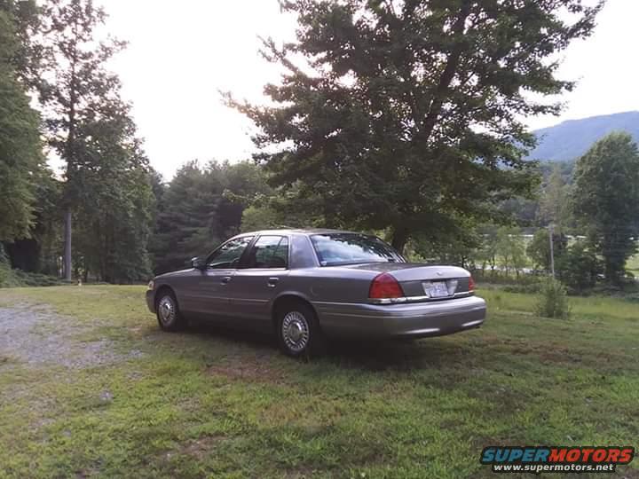 Gray Ford Crown Victoria parked on a grassy hill with trees and mountains in the background