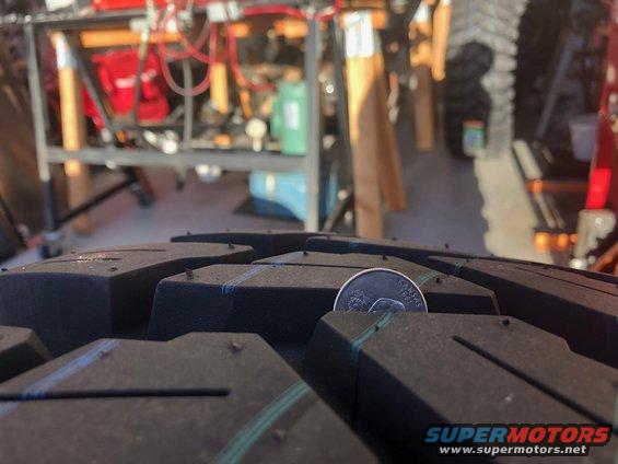 Tire tread with a quarter for scale, showing deep grooves and blue indicator lines