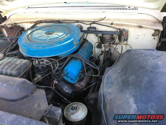 1960 Ford Starliner engine bay with blue air cleaner and valve covers