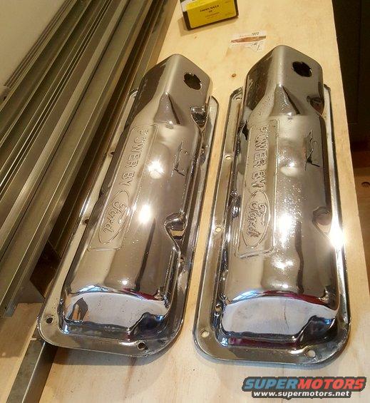 Chrome valve covers with Ford logo and 'POWER BY' text