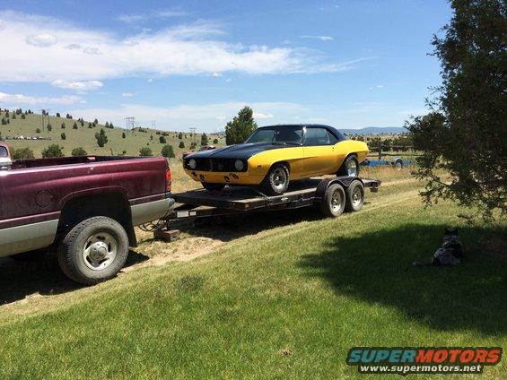 Yellow and black 1969 Chevrolet Camaro on a trailer, towed by a maroon truck