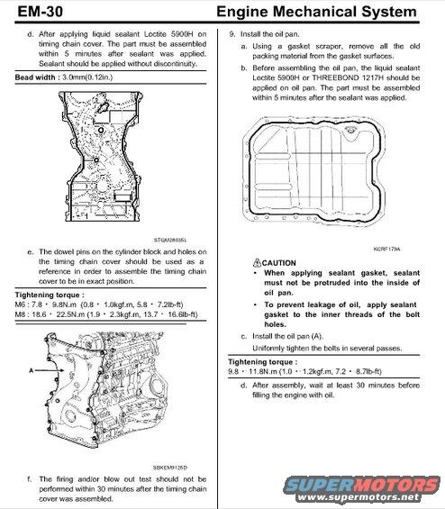 Diagrams showing engine timing chain cover and oil pan installation with torque specs