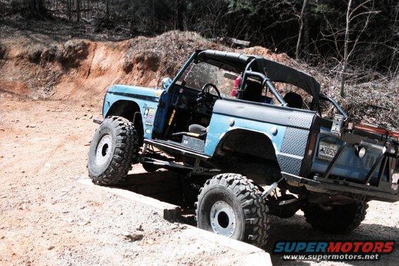 Blue 1976 Ford Bronco with lifted suspension and off-road tires on a dirt trail
