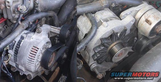 dscf1042b--alternator-upgrade-3g-vs-2g-tensioner-position.jpg 3G alternator upgrade. So-so comparison of the different tensioner position of the '93+ bracket (left) and '92 bracket (right; belt removed before the picture...comes up under the plastic pulley, around the alternator, and down to the smog pump/crank).  The idler pulley sits higher on the '93+ style than does the tensioner (no idler) on the '92 style, so there's a little less belt wrap over at the A/C pulley.  However, the '93+ style moves the tensioner down below which creates way more wrap on the alternator pulley.