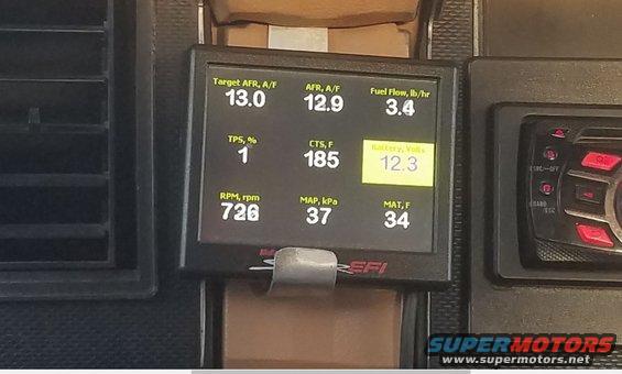 Digital gauge display showing engine data and battery voltage