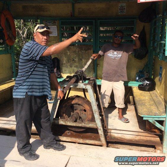 two men stand by a rusty winch mechanism inside a covered structure