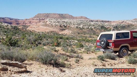 Red and tan 1985 Ford Bronco parked in desert landscape, rear view
