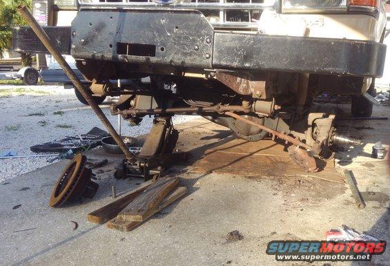 swapping the D50 4.56 DuraGrip third member in. using a D50 stub shaft with c-clip eliminator spring in the slip yoke. 

on the D44HD/D50 F250 axle, the passenger axle beam pivot bracket is horribly in the way for the third member to be removed and installed. while still doable i would recommend at least 2 people to lift the third remember to angle it in jsut right to do the isntall. otherwise i highly recommend removing the beam from the leaf spring.  

while i am doing that i replaced both side upper and lower balljoints with AC Delco Professional grade. new Timken wheel bearings, hub and spindle seals and spindle bearings. new Spicer axle shaft joints. new KYB front shocks.