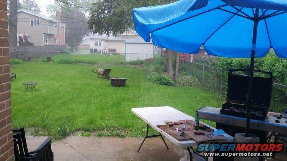 Backyard scene with a grill under a blue umbrella, a table with food, and lawn chairs