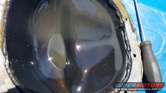 Differential cover with dark fluid and a screwdriver nearby