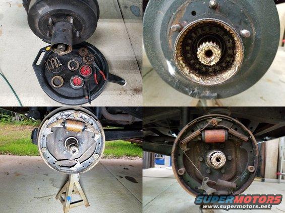 20190701_192951.jpg Both front hubs were obviously contaminated with water, and the lock knobs didn't move.  The Left had been forced so hard that it was cracked open, which undoubtedly contributed to the contamination.  It took a lot of effort to get the hub locks out, and the left front spindle threads have a burr in them that I'll try to find & dress out.  I hope NOT to have to pull the spindles.

Like the rears, the front shoes (11x2.25"; 1 1/8" bore) are hardly worn, due to the recent slaves being seized.  But when I freed these, the Left front began leaking.  The master cylinder is very rusty inside & out, and the fluid looks muddy.

IF THE IMAGE IS TOO SMALL, click it.

Front Lug Studs: Raybestos [url=https://www.amazon.com/dp/B000C6WJGU]6012B[/url] (shoulder protrudes from drum ~1/16")
Front Wheel Seals: National [url=https://www.amazon.com/dp/B0012UCIW0]4250[/url]
Front Outer Wheel Bearings: National [url=https://www.amazon.com/dp/B000UJ0BVE]A35[/url]
Front Inner Wheel Bearings: National [url=https://www.amazon.com/dp/B000BZLMQU]A37[/url]
Front Spindle Bearing Kit: Dana [url=https://www.amazon.com/dp/B018OGG4Y2]706527X[/url]
Hub Lock (19-spline pair): USA Standard USA29096, MileMarker [url=https://www.amazon.com/dp/B000RZAPSK]302 black plastic knob[/url], MileMarker [url=https://www.amazon.com/dp/B000RZCJ4I]104 stainless steel[/url], Warn [url=https://www.amazon.com/dp/B000182DYC]20990 Premium[/url], Warn [url=https://www.amazon.com/dp/B000182F36]9790 Standard[/url]
Wheel Bearing Adjusting Nut Set: Dana-Spicer [url=https://www.amazon.com/dp/B009X1X5RM]28068X[/url], MileMarker [url=https://www.amazon.com/dp/B000VSRCVQ]32720[/url], Warn [url=https://www.amazon.com/dp/B000182DZQ]32720[/url]
Front Left Cylinder: Wagner [url=https://www.amazon.com/dp/B001O118PU]WC35325[/url]
Front Right Cylinder: Wagner [url=https://www.amazon.com/dp/B000CQVV6E]WC35326[/url]
Front Drums: Bendix [url=https://www.amazon.com/dp/B075JDYGYP]PDR0013[/url]
Front Brake Spring Kit: Wagner [url=https://www.amazon.com/dp/B000CLQO70]H7137[/url]
Front Brake Shoes: Wagner [url=https://www.amazon.com/dp/B00T3MM1XU]Z282R[/url], Bosch [url=https://www.amazon.com/dp/B00MY5H81I]BS282R[/url]

1/2-ton Lug Nut: (Made in USA)
(4 chrome,13/16" drive) [url=http://www.amazon.com/dp/B000COS0F6/]McGard 64000[/url]
(4 black,13/16" drive) [url=http://www.amazon.com/dp/B003BS6M1Y/]McGard 64030[/url]
(100 chrome,13/16" drive) [url=http://www.amazon.com/dp/B000CONUCE/]McGard 69400[/url]
(100 chrome bulge, 3/4" drive) [url=http://www.amazon.com/dp/B000COMXC2/]McGard 69410[/url]
(4 chrome bulge, 3/4" drive) [url=http://www.amazon.com/dp/B000COMX9K/]McGard 64010[/url]
(4 black  bulge, 3/4" drive) [url=http://www.amazon.com/dp/B0028071IE/]McGard 64029[/url]
(8 chrome extra-long, 7/8" drive) [url=http://www.amazon.com/dp/B000COS0HY/]McGard 64805[/url]