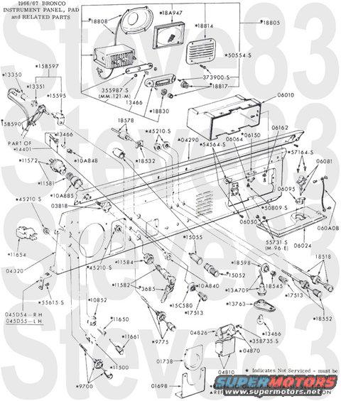 6667-dash.jpg '66-67 Dash
IF THE IMAGE IS TOO SMALL, click it.

IN-PROGRESS...

1 - Dashboard
2 - Bolt, Dashboard to Door Jamb
3 - Column Shroud, Upper
4 - Column Shroud, Lower
5 - Screw
6 - Glovebox Door
7 - Hinge, Glovebox Door
8 - Bolt, Glovebox Hinge
9 - Nut, Glovebox Hinge
10 - Bezel, Glovebox Latch
11 - Latch, Glovebox Door
12 - Screw
13 - Check Cable
14 - Screw
15 - Catch, Glovebox Door
16 - Screw
17 - Nut Plate
18 - Screw
19 - Glovebox
20 - Dash Pad
21 - Screw
22 - Knob, Windshield Lock
23 - Brace, Dashboard to Cowl
24 - Bolt, Dashboard to Cowl
25 - Ashtray
26 - Slide
27 - Screw
28 - Screen
29 - Speaker
30 - Screw
31 - Radio
32 - Reflector
33 - Bulb (#1895)
34 - Spacer
35 - Radio Dial
36 - Screw
37 - Bezel, Radio Knob
38 - Radio Knob
39 - Cigar Lighter
40 - Cigar Lighter Socket
41 - Cigar Lighter Shell
42 - Socket, Brake Warning (part of wiring harness)
43 - Brake Warning Bulb (#1895)
44 - Brake Warning Lens
45 - Key, Ignition Lock Cylinder
46 - Bezel, Ignition Lock Cylinder
47 - Retainer, Ignition Lock Cylinder
48 - Ignition Lock Cylinder
49 - Headlight Switch
50 - Bezel, Headlight Switch
51 - Knob, Headlight Switch
52 - Setscrew, Knob
53 - Knob
54 - Bezel
55 - 
56 - Hazard Switch ('73 Only)
57 - Hazard Flasher
58 - Wiper Switch
59 - Cable Sheath, Defrost
60 - Knob, Defrost
61 - Knob, Fan
62 - Brace, Fan Switch
63 - Fan Switch
64 - Cable Sheath, Temperature
65 - Knob, Temperature
66 - Lamp Assembly, Headlight-Wiper
67 - Lamp Assembly, Ventilation
68 - Nut
69 - Bezel, Fuel Tank Switch
70 - Fuel Tank Switch
71 - Fuel Gauge Wire (Orange)
72 - Fuel Level Sender Wires (Orange - Rear; Yellow/White - Front)
73 - Cable Sheath, Throttle
74 - 
75 - Knob, Throttle
76 - Socket, Courtesy Lamp (part of wiring harness)
77 - Reflector, Courtesy Lamp
78 - Screw
79 - Bulb, Courtesy Lamp (#631)
80 - Horn Override Switch (New York Only)
81 - Bezel, Horn Override Switch (New York Only)
82 - Screw (New York Only)
83 - Switch, Horn Override (New York Only)
84 -  (New York Only)
85 - Relay, Horn Override Switch (New York Only)
86 - Wiring Harness, Horn Override Switch (New York Only)

See also:
[url=https://www.supermotors.net/registry/media/1151086][img]https://www.supermotors.net/getfile/1151086/thumbnail/6677-harness.jpg[/img][/url] . [url=https://www.supermotors.net/registry/media/1150961][img]https://www.supermotors.net/getfile/1150961/thumbnail/6672-wiring.jpg[/img][/url] . [url=https://www.supermotors.net/registry/media/1151071][img]https://www.supermotors.net/getfile/1151071/thumbnail/componentlights.jpg[/img][/url] . [url=https://www.supermotors.net/registry/media/1150985][img]https://www.supermotors.net/getfile/1150985/thumbnail/6667-dash.jpg[/img][/url] . [url=https://www.supermotors.net/registry/media/1150986][img]https://www.supermotors.net/getfile/1150986/thumbnail/6872-dash.jpg[/img][/url] . [url=https://www.supermotors.net/registry/media/1151038][img]https://www.supermotors.net/getfile/1151038/thumbnail/6572-starter.jpg[/img][/url] . [url=https://www.supermotors.net/registry/media/1150959][img]https://www.supermotors.net/getfile/1150959/thumbnail/6672-taillights.jpg[/img][/url][url=https://www.supermotors.net/registry/media/874060][img]https://www.supermotors.net/getfile/874060/thumbnail/ebcombined.gif[/img][/url] . [url=https://www.supermotors.net/vehicles/registry/media/890070][img]https://www.supermotors.net/getfile/890070/thumbnail/wiring7374apwrdstb.jpg[/img][/url] . [url=https://www.supermotors.net/registry/media/879816][img]https://www.supermotors.net/getfile/879816/thumbnail/wiring7577apwrdstb.jpg[/img][/url]