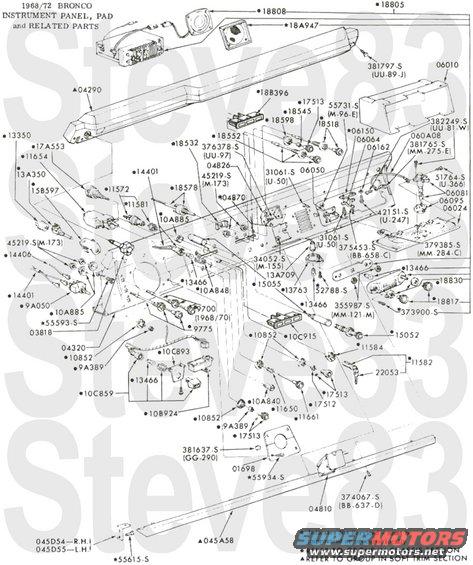 6872-dash.jpg '68-72 Dash
IF THE IMAGE IS TOO SMALL, click it.

IN-PROGRESS...

1 - Dashboard
2 - Bolt, Dashboard to Door Jamb
3 - Column Shroud, Upper
4 - Column Shroud, Lower
5 - Screw
6 - Glovebox Door
7 - Hinge, Glovebox Door
8 - Bolt, Glovebox Hinge
9 - Nut, Glovebox Hinge
10 - Bezel, Glovebox Latch
11 - Latch, Glovebox Door
12 - Screw
13 - Check Cable
14 - Screw
15 - Catch, Glovebox Door
16 - Screw
17 - Nut Plate
18 - Screw
19 - Glovebox
20 - Dash Pad
21 - Screw
22 - Knob, Windshield Lock
23 - Brace, Dashboard to Cowl
24 - Bolt, Dashboard to Cowl
25 - Ashtray
26 - Slide
27 - Screw
28 - Screen
29 - Speaker
30 - Screw
31 - Radio
32 - Reflector
33 - Bulb (#1895)
34 - Spacer
35 - Radio Dial
36 - Screw
37 - Bezel, Radio Knob
38 - Radio Knob
39 - Cigar Lighter
40 - Cigar Lighter Socket
41 - Cigar Lighter Shell
42 - Socket, Brake Warning (part of wiring harness)
43 - Brake Warning Bulb (#1895)
44 - Brake Warning Lens
45 - Key, Ignition Lock Cylinder
46 - Bezel, Ignition Lock Cylinder
47 - Retainer, Ignition Lock Cylinder
48 - Ignition Lock Cylinder
49 - Headlight Switch
50 - Bezel, Headlight Switch
51 - Knob, Headlight Switch
52 - Setscrew, Knob
53 - Knob
54 - Bezel
55 - 
56 - Hazard Switch ('73 Only)
57 - Hazard Flasher
58 - Wiper Switch
59 - Cable Sheath, Defrost
60 - Knob, Defrost
61 - Knob, Fan
62 - Brace, Fan Switch
63 - Fan Switch
64 - Cable Sheath, Temperature
65 - Knob, Temperature
66 - Lamp Assembly, Headlight-Wiper
67 - Lamp Assembly, Ventilation
68 - Nut
69 - Bezel, Fuel Tank Switch
70 - Fuel Tank Switch
71 - Fuel Gauge Wire (Orange)
72 - Fuel Level Sender Wires (Orange - Rear; Yellow/White - Front)
73 - Cable Sheath, Throttle
74 - 
75 - Knob, Throttle
76 - Socket, Courtesy Lamp (part of wiring harness)
77 - Reflector, Courtesy Lamp
78 - Screw
79 - Bulb, Courtesy Lamp (#631)
80 - Horn Override Switch (New York Only)
81 - Bezel, Horn Override Switch (New York Only)
82 - Screw (New York Only)
83 - Switch, Horn Override (New York Only)
84 -  (New York Only)
85 - Relay, Horn Override Switch (New York Only)
86 - Wiring Harness, Horn Override Switch (New York Only)

See also:
[url=https://www.supermotors.net/registry/media/1151086][img]https://www.supermotors.net/getfile/1151086/thumbnail/6677-harness.jpg[/img][/url] . [url=https://www.supermotors.net/registry/media/1150961][img]https://www.supermotors.net/getfile/1150961/thumbnail/6672-wiring.jpg[/img][/url] . [url=https://www.supermotors.net/registry/media/1151071][img]https://www.supermotors.net/getfile/1151071/thumbnail/componentlights.jpg[/img][/url] . [url=https://www.supermotors.net/registry/media/1150985][img]https://www.supermotors.net/getfile/1150985/thumbnail/6667-dash.jpg[/img][/url] . [url=https://www.supermotors.net/registry/media/1150986][img]https://www.supermotors.net/getfile/1150986/thumbnail/6872-dash.jpg[/img][/url] . [url=https://www.supermotors.net/registry/media/1151038][img]https://www.supermotors.net/getfile/1151038/thumbnail/6572-starter.jpg[/img][/url] . [url=https://www.supermotors.net/registry/media/1150959][img]https://www.supermotors.net/getfile/1150959/thumbnail/6672-taillights.jpg[/img][/url][url=https://www.supermotors.net/registry/media/874060][img]https://www.supermotors.net/getfile/874060/thumbnail/ebcombined.gif[/img][/url] . [url=https://www.supermotors.net/vehicles/registry/media/890070][img]https://www.supermotors.net/getfile/890070/thumbnail/wiring7374apwrdstb.jpg[/img][/url] . [url=https://www.supermotors.net/registry/media/879816][img]https://www.supermotors.net/getfile/879816/thumbnail/wiring7577apwrdstb.jpg[/img][/url]