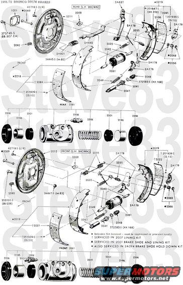 6672-drums.jpg '66-72 Brake Drums
IF THE IMAGE IS TOO SMALL, click it.

Drum Backing Plates
Bendix 319130L or 317363L= 11&quot; '66-'75, driver side
Bendix 319130R or 317364R= 11&quot; '66-'75, pass side
Wagner FF55264= 10&quot; '66-'75 small bearing, driver side
Wagner FF55265= 10&quot; '66-'75 small bearing, pass side
Bendix 80174L= 10&quot; big bearing, '74-'75 driver side
Bendix 80175R= 10&quot; big bearing, '74-'75 pass side
Bendix 3203097L= 11&quot; '76-'77 driver side
Bendix 3203098R= 11&quot; '76-'77 pass side

See also:
[url=https://www.supermotors.net/registry/28823/88214-2][img]https://www.supermotors.net/getfile/1150814/thumbnail/20190701_162733.jpg[/img][/url] . [url=https://www.supermotors.net/registry/media/1151008][img]https://www.supermotors.net/getfile/1151008/thumbnail/6670-brakes.jpg[/img][/url] . [url=https://www.supermotors.net/registry/media/1151011][img]https://www.supermotors.net/getfile/1151011/thumbnail/6672-brakemc.jpg[/img][/url] . [url=https://www.supermotors.net/registry/media/1151012][img]https://www.supermotors.net/getfile/1151012/thumbnail/7172-brakepark.jpg[/img][/url] . [url=https://www.supermotors.net/registry/media/1150993][img]https://www.supermotors.net/getfile/1150993/thumbnail/66-rearsusp.jpg[/img][/url] . [url=https://www.supermotors.net/registry/media/1150994][img]https://www.supermotors.net/getfile/1150994/thumbnail/7072-9inchlok.jpg[/img][/url] . [url=https://www.supermotors.net/registry/media/1150995][img]https://www.supermotors.net/getfile/1150995/thumbnail/6672-9inchopen.jpg[/img][/url]
[img]http://classicbroncos.com/forums/attachment.php?attachmentid=364158&d=1429843488[/img]
