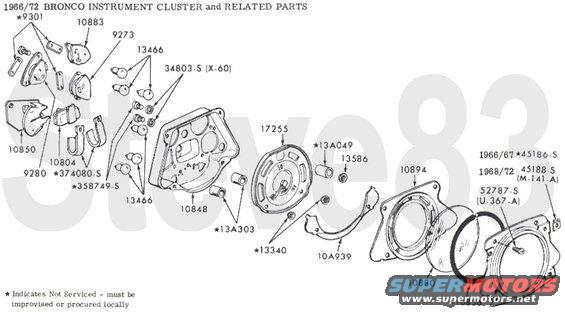 6672-instrclstr.jpg '66-77 Instrument Cluster
IF THE IMAGE IS TOO SMALL, click it.

See also:
[url=https://www.supermotors.net/registry/3536/69567-4][img]https://www.supermotors.net/getfile/900906/thumbnail/cluster06.jpg[/img][/url] . [url=https://www.supermotors.net/registry/media/1151086][img]https://www.supermotors.net/getfile/1151086/thumbnail/6677-harness.jpg[/img][/url] . [url=https://www.supermotors.net/registry/media/1150961][img]https://www.supermotors.net/getfile/1150961/thumbnail/6672-wiring.jpg[/img][/url] . [url=https://www.supermotors.net/registry/media/1151071][img]https://www.supermotors.net/getfile/1151071/thumbnail/componentlights.jpg[/img][/url] . [url=https://www.supermotors.net/registry/media/1150985][img]https://www.supermotors.net/getfile/1150985/thumbnail/6667-dash.jpg[/img][/url] . [url=https://www.supermotors.net/registry/media/1150986][img]https://www.supermotors.net/getfile/1150986/thumbnail/6872-dash.jpg[/img][/url] . [url=https://www.supermotors.net/registry/media/1151038][img]https://www.supermotors.net/getfile/1151038/thumbnail/6572-starter.jpg[/img][/url] . [url=https://www.supermotors.net/registry/media/1150959][img]https://www.supermotors.net/getfile/1150959/thumbnail/6672-taillights.jpg[/img][/url]

1 - U-Nut (for mounting)
2 - Front Cover
3 - Foam Gasket
4 - Lens
5 - Blackout Ring
6 - Reflector
7 - Lens, Hi-Beam (blue)
8 - Lens, Turn (green)
9 - Speedometer Assembly
10 - Cardboard Tube
11 - Bulb, Hi-Beam #1895
12 - Bulb, Turn #1895
13 - Gauge, Ammeter
14 - Gauge, Oil Pressure
15 - Gauge, Coolant Temperature
16 - Gauge, Fuel
17 - Insulator (cardboard)
18 - Cluster Housing
19 - Screw
20 - Screw & Washer
21 - Wiring Harness Retainer
22 - Instrument Cluster Voltage Regulator
23 - Bulb, Illumination #1895
24 - Screw (for assembly)