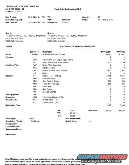 Priced Order Confirmation document for a 2020 Gladiator Rubicon 4x4