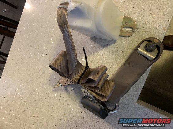 Seatbelt assembly with buckle and retractor mechanism, tied with a zip tie