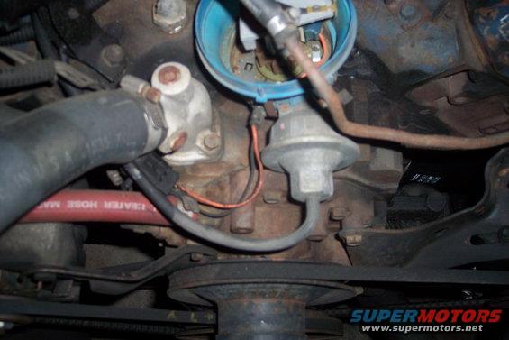 Engine distributor with red heater hose