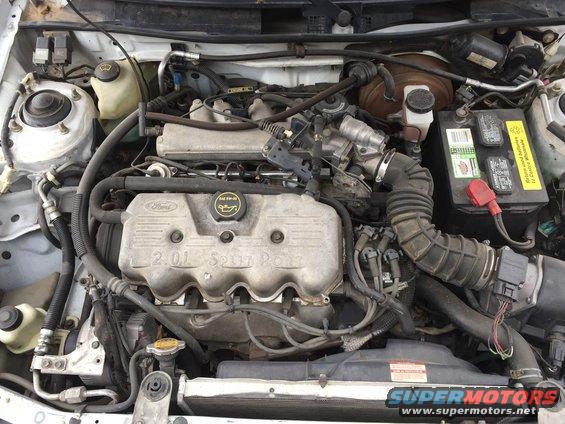 Ford 2.0L engine bay with battery and air intake visible