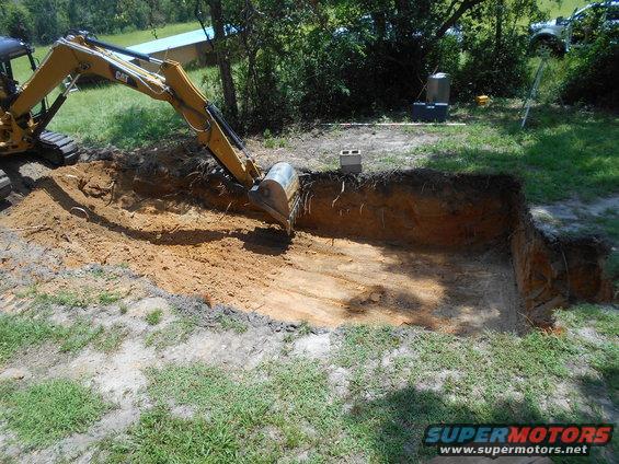 Excavator digging a large hole in a grassy area