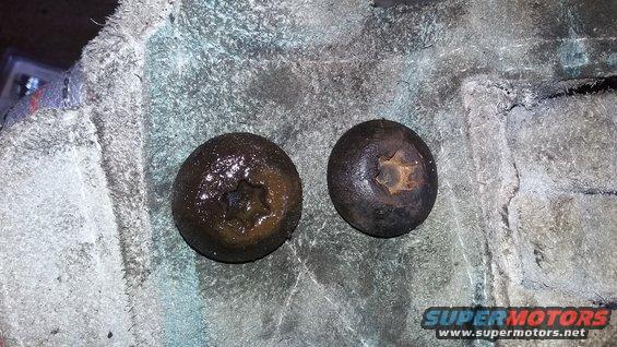 Two rusty bolts with star-shaped drive on textured surface