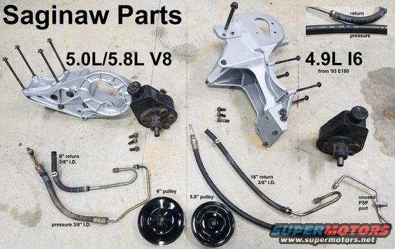 sagparts.jpg Saginaw Swap Parts

V8 pressure hose [url=https://www.amazon.com/dp/B000C2Y8FO]Gates 359470[/url] or [url=https://www.amazon.com/dp/B0055333IS]ACDelco 36-359470[/url]
I6 pressure hose [url=https://www.amazon.com//dp/B000C2SEKY]Gates 358570[/url] or [url=https://www.amazon.com/dp/B000IYXQ4A]ACDelco 36-358570[/url]
Saginaw pump [url=https://www.amazon.com/dp/B000C46HT2]Cardone 20-7878[/url]

Adding a filter (Raybestos Magnefine 3/8&quot; [url=https://www.amazon.com/dp/B072PQ2XKD]515554[/url] or [url=https://www.amazon.com/dp/B0787KWZPS]3810000[/url]) is a wise move:

[url=https://www.supermotors.net/registry/media/950474][img]https://www.supermotors.net/getfile/950474/thumbnail/magnefines.jpg[/img][/url] . [url=https://www.supermotors.net/registry/media/968747][img]https://www.supermotors.net/getfile/968747/thumbnail/29psfilter.jpg[/img][/url]

For more info, read all the other captions in this photo album by clicking NEXT at the top Left of this photo, or by switching to the [url=https://www.supermotors.net/registry/2742/77493-2]full album view[/url] and scrolling down.

Contrast C2 pump brackets:
[url=https://www.supermotors.net/registry/media/1168363][img]https://www.supermotors.net/getfile/1168363/thumbnail/brktcmprc2v8.jpg[/img][/url] . [url=https://www.supermotors.net/registry/media/1168365][img]https://www.supermotors.net/getfile/1168365/thumbnail/bracketacps49b.jpg[/img][/url]