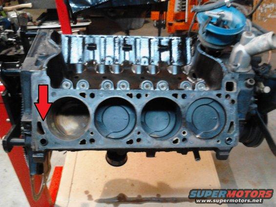 Engine block with pistons and a red arrow pointing to a cylinder bore