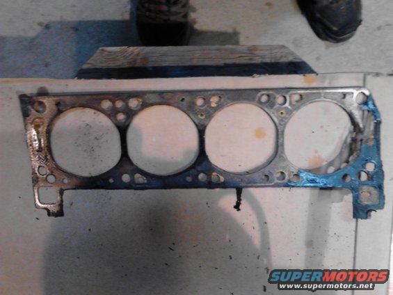 Engine gasket with four cylinder openings, showing wear and blue sealant