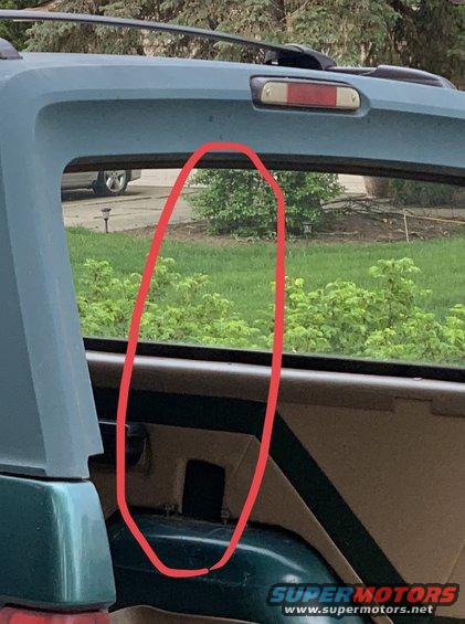 Rear window of a dark green SUV, showing some greenery outside. Another vehicle is visible in the background