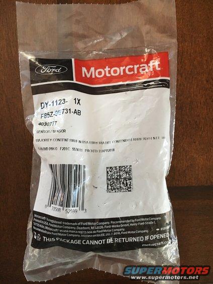Motorcraft DY-1123 sensor packaging with Ford logo, part number F85Z-9E731-AB, and barcode