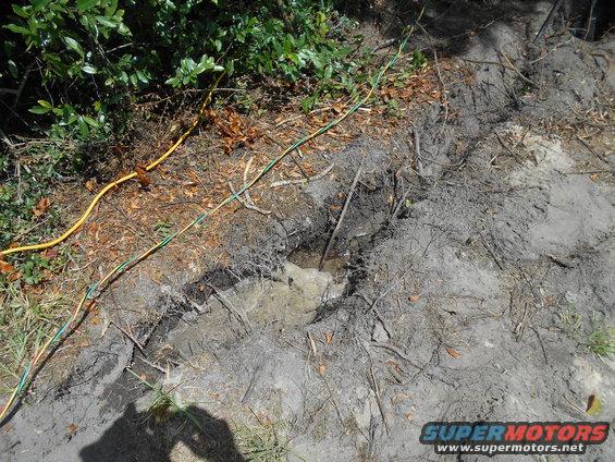 Ground with yellow and green wires, dry leaves, and a muddy hole