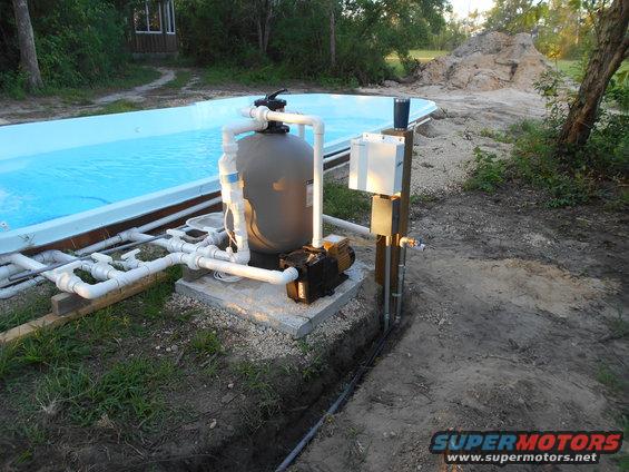 Swimming pool pump and filter system next to a pool