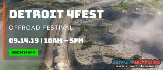 Advertisement for Detroit 4Fest Offroad Festival on 09.14.19 from 10AM-5PM. Includes a 'Register Now' button and SuperMotors.net logo