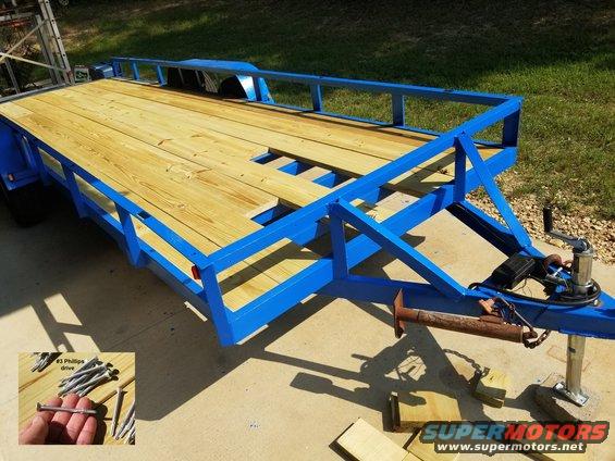 trailer20s.jpg It took 10 2x10x16s (and a 2x10x10 to fill those last 2 holes) to deck it. I'm staggering the cuts, and ripping one of the center boards that I expect to last longer and not need replacement.  The galvanized self-drilling countersunk screws cost ~$30 for 100, but I only needed ~60.
IF THE IMAGE IS TOO SMALL, click it.

The new [url=https://www.tractorsupply.com/tsc/product/the-ultimate-trailer-jack?cm_vc=-10005]tongue jack[/url] was ~$70 at TSC, and seems to be very functional.

The LED markers on the front corners & fenders should keep people from hitting it.