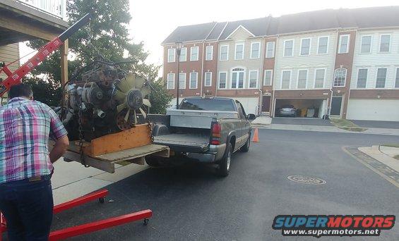 20190926 - After the shop graciously lets me borrow their known-good lift and I recruit a long-time friend and his truck, the engine (and transmission) goes to the shop.
