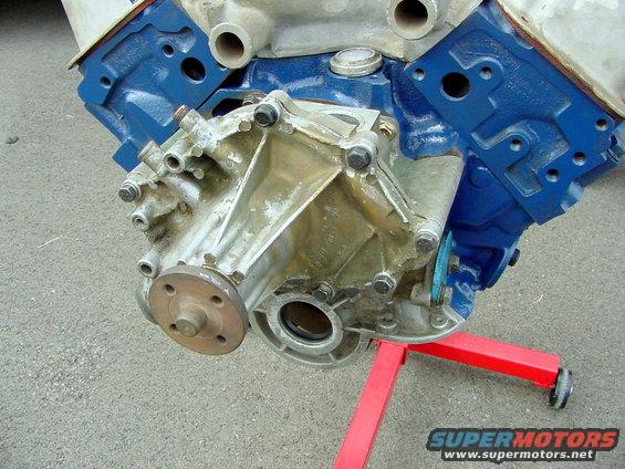 Engine block with water pump assembly, blue painted components