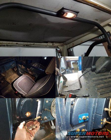 20191117_162046.jpg This dome/map lamp is common in ~90s~00s Fords, and never seems to show its age.  So I fished 3 wires through the cage, screwed a flexible conduit across the floor, and welded up a thin steel box for the lamp to mount under.  The map lamps are aimed onto the seats, and an '87-97-style door pin switch allows the driver's door to trigger the dome lamp (in addition to the normal rotation of the headlight switch knob).
IF THE IMAGE IS TOO SMALL, click it.

[url=https://www.supermotors.net/registry/media/1150465][img]https://www.supermotors.net/getfile/1150465/thumbnail/20190515_100040.jpg[/img][/url]