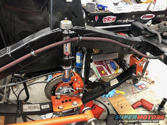 Close-up of a Jeep Wrangler suspension component with a shock absorber and leaf spring