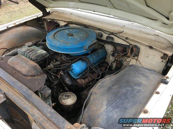 Engine bay with blue air cleaner and blue valve covers. Radiator and various hoses visible