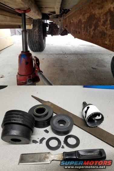 20200116_151858.jpg I used a landscape timber to raise the cab and change the mounts to [url=https://www.amazon.com/dp/B000CN99FW]black Energy poly 4.4107G[/url]. As with Bronco kits, the #2 lower mount is not made correctly, so I cut them.  Oddly, it took more effort to align this cab to the frame than any of the Broncos I've done.
IF THE IMAGE IS TOO SMALL, click it.

UPDATE: I found out why, later. The right frame rail is bent near the front bumper.