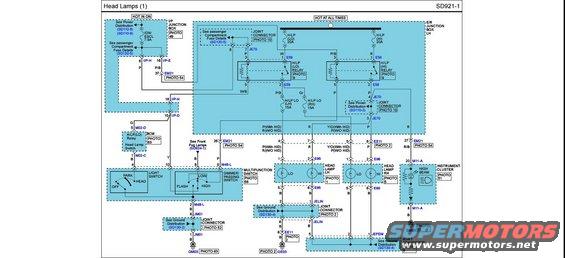 Wiring diagram for headlamps, showing relays, switches, and connectors