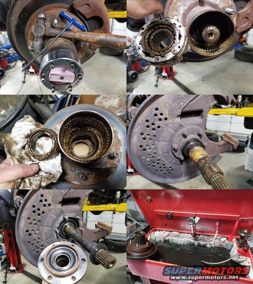 All 6 cap screws were seized, but the internals weren't as bad as I expected. It looks like the wrong grease was used, but the bearings (even the spindle bearings) are undamaged.
IF THE IMAGE IS TOO SMALL, click it.