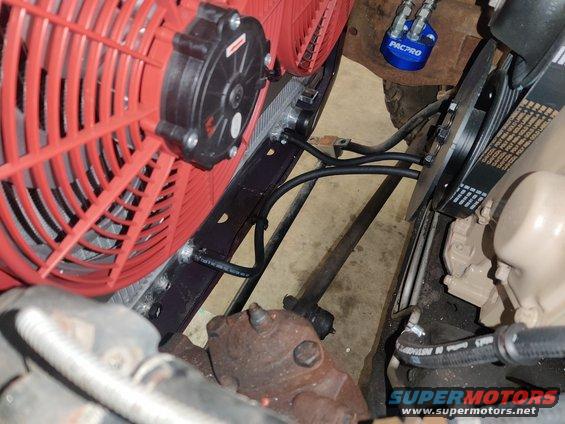 20200403 - Better shot of the transmission fluid lines running to the auxiliary cooling built into the radiator.